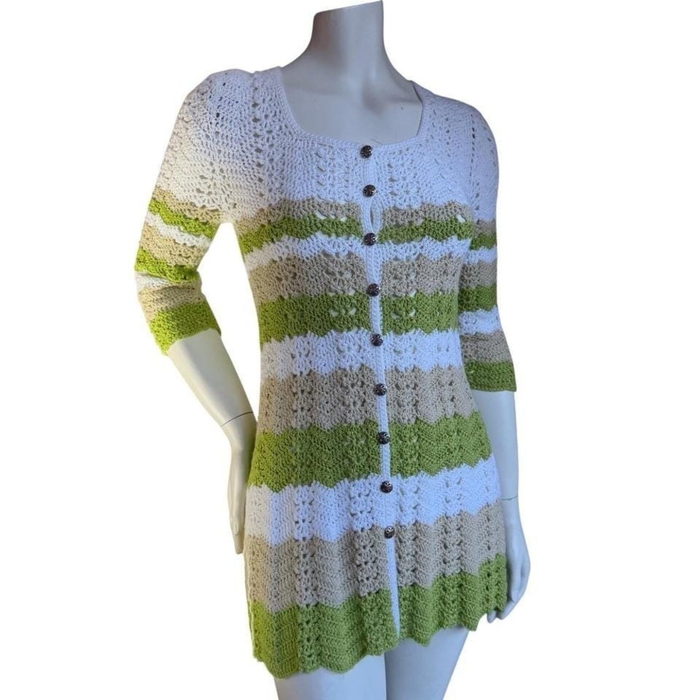 Vintage Crochet Cardigan Dress Square Neck 3/4 Sleeve White Green Beige Boho S